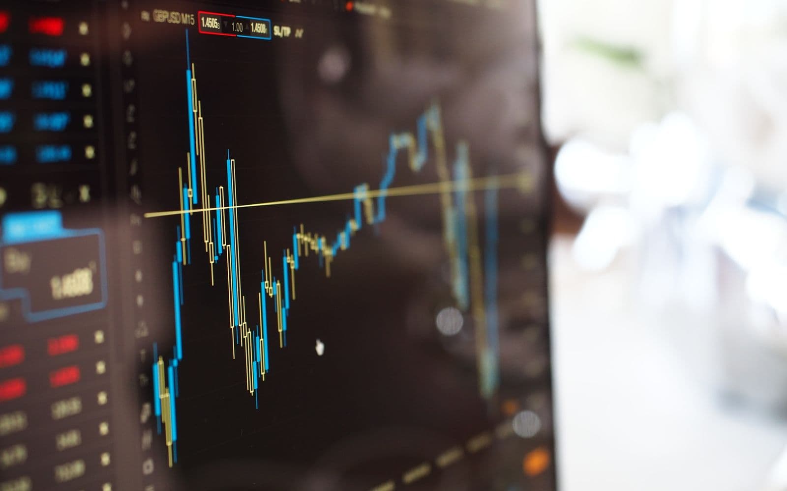 A monitor showing market charts side by side.